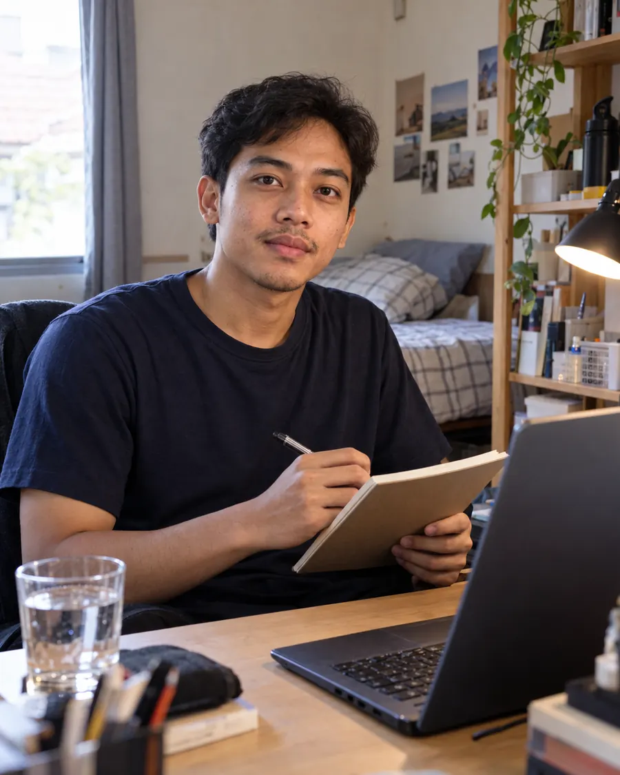 Karakter virtual brand: pria Indonesia sedang belajar di meja kerja dengan laptop